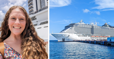 girl taking a selfie in front of a cruise ship